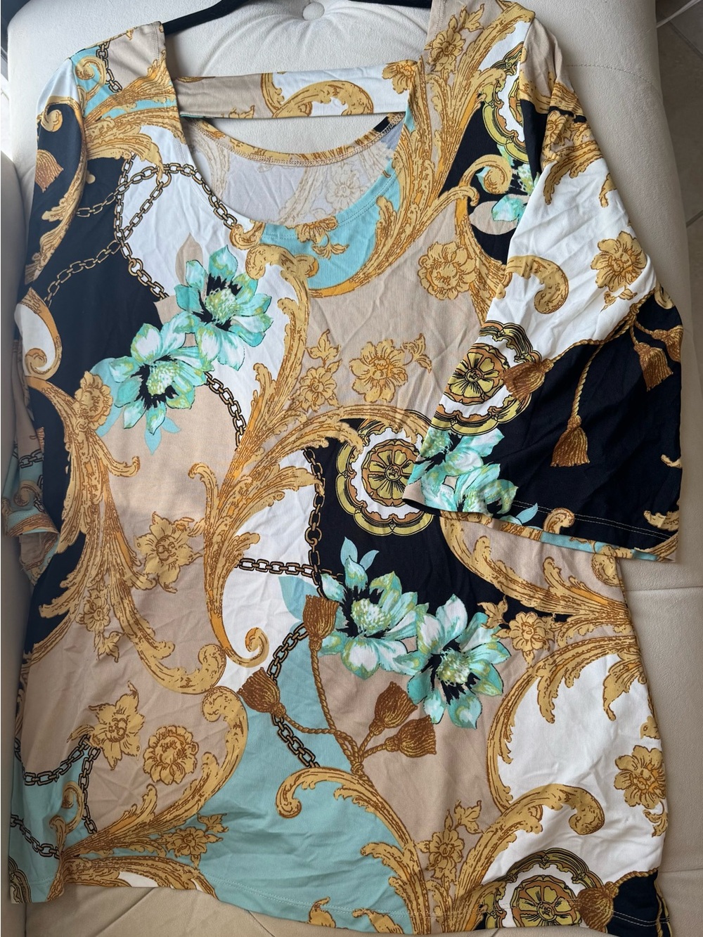 dressbarn Beige, Black & Aqua Baroque Floral Tunic